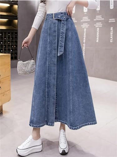 Women Spring Summer Long Denim Skirt Patchwork Single Breasted High Waist Skirt Loose Jeans Skirt3