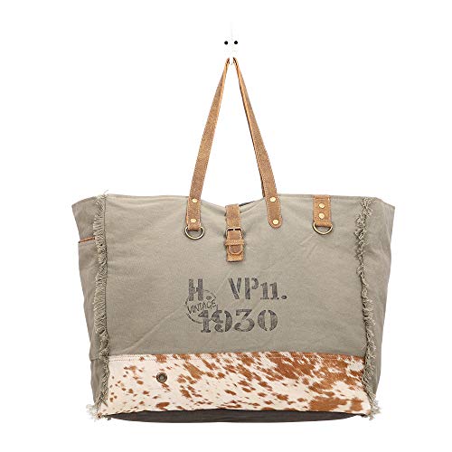 Myra Bag Viridescent Upcycled Canvas & Cowhide Weekender Bag S-14444
