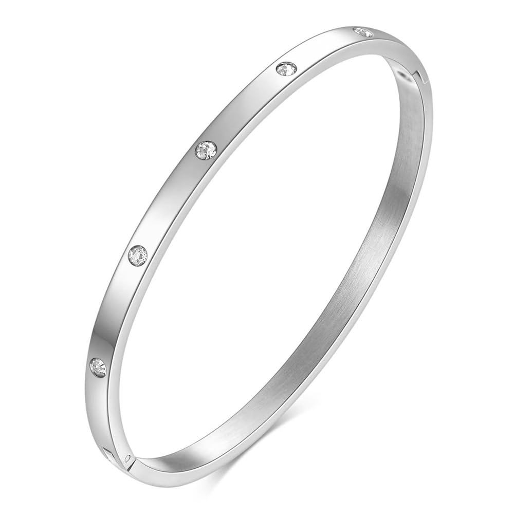 MYNENEY Gold/Silver Womens Link Bracelets Stainless Steel Pave Cubic Zironia Simulate Diamond Stackable Oval Hinged Bangle Bracelet 6-9Inch