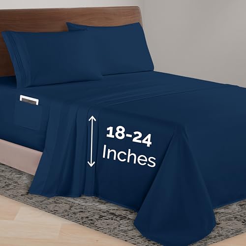 Elegant Comfort Luxurious 1500 Premium Hotel Quality Microfiber 4-Piece Sheet Set, 18-24 Inches Deep - Extra Deep Pocket Sheets - Ultra Soft 4PC Deep Pocket Sheets, Queen, Navy Blue