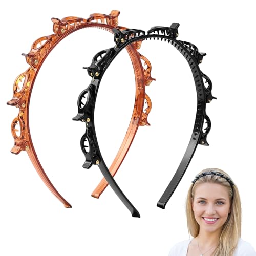 LUSTRIB 2 Pcs Double Layer Headband with Clips Professional Weave Bangs Hairpin with Teeth Stylish Braided Headband for Women Styling Tool for All Hair Types (Black & Brown)