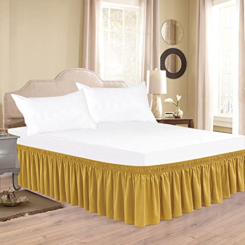 Biscaynebay Wrap Around Bed Skirts For Full & Full Xl Beds 15 Inches Drop, Gold Elastic Dust Ruffles Easy Fit Wrinkle & Fade Resistant Silky Luxurious Fabric Solid Machine Washable #TOP2