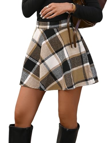 ZAFUL Women Plaid Print Short A-Line Skirt Flare Skirt High Waisted Casual Mini Skirt 1-Khaki L