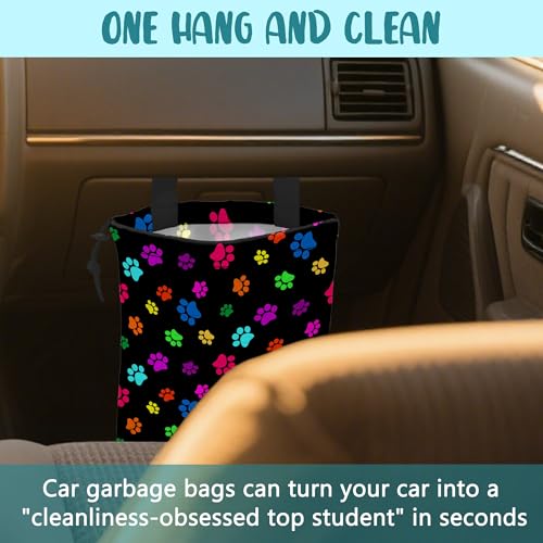 Image of Car Garbage Bag Colorful Paw Prints Hanging Canvas Car Trash Bag Waterproof Drawstring Car Back Seat Organizer for Car Back Front Seat Console with Adjustable Buckle