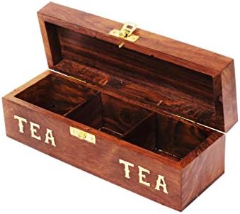Wooden Decorative Tea Leaf Design Tea Bag Storage Chest Box for Condiment Spice Vintage Rustic Kitchen Organiser with 3 Compartments | 9 Inch