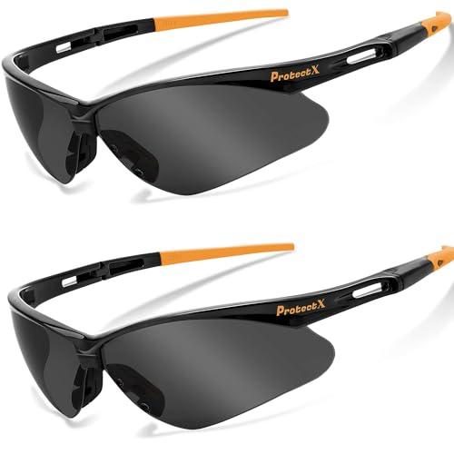 ProtectX Safety Glasses for Men Women, Anti-Fog and Scratch Resistant Glasses, ANSI Z87.1 Eye Protection Glasses, Orange Tip Smoke Tinted Safety Glasses 2 Pack