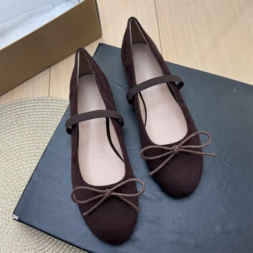 Image of TN TANGNEST Women's Mary Jane Flats Bow Ballet Shoes | Round Toe Flats with Buckle Strap Dressy Comfortable Faux Suede Flats