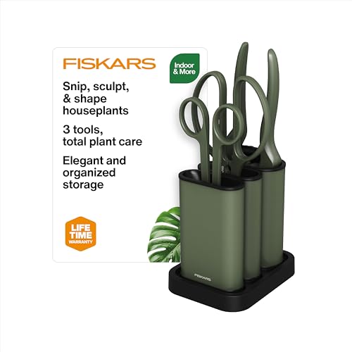 Fiskars Indoor Plant Cutting Set, Precision Gardening Tools with Storage Caddy, Snips, Shears & Pruner, Set of 3, Green
