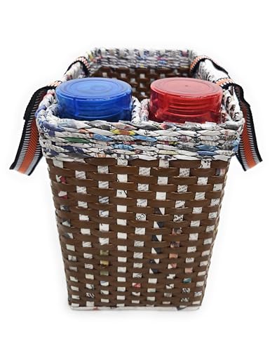 Image of Paperus, Brown Check, Large, Lunch Bag with 2 Bottle Holders, Picnic Basket, Travel Bag, Eco-Friendly, Handmade, of Paper Ropes, Length 14 inch, Height 11 inch & 7 Inch Broad Base