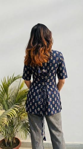 Image of ANNI Designer Women's Viscose Blend Printed Short Kurti | Straight Fit Ethnic Top with Square Neck | Bell Sleeve Indian Kurta for Office College, Party