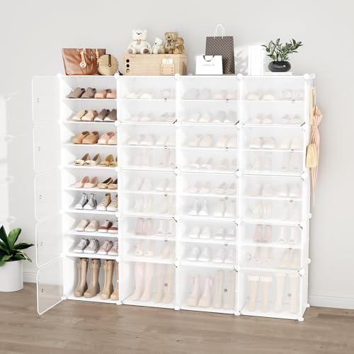 Image of Portable Shoe Rack Organizer with Door, 80 Pairs Shoe Storage Cabinet Easy Assembly, Plastic Adjustable Shoe Storage Organizer Stackable Detachable Free Standing DIY Expandable 10 Tier White