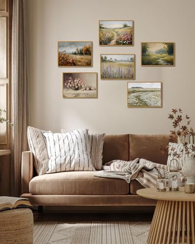 Image of KISSFOX Vintage Framed Wall Art Decor Modern Farmhouse Fall Landscape Pictures Paintings Wall Decor Rustic Autumn Leaves Canvas Art Prints Nature Countryside Artwork For Bedroom Kitchen Living Room