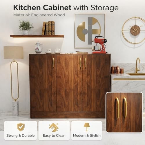 Image of Spyder Craft Modern Engineered Wood Sideboard & Crockery Cabinet - 3-Door Storage Organizer with Gold-Finish Handles and Geometric Pattern for Living Room, Kitchen, and Office (Columbian Walnut)