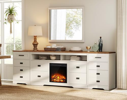 Image of WAMPAT 3-in-1 Fireplace TV Stand for 110 inch TV,31.9 inch H Farmhouse Entertainment Center with 10 Drawers and Open Storage compartments for Living Room,Antique White