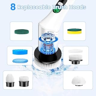 Brosse Electrique Nettoyage Rotative, Brosse de Nettoyage sans Fil avec 9 Têtes de Brosse Remplaçables, IPX7 Étanche, 2 Vitesses, pour Salle Bain Cuisine Electric Spin Scrubber (Blanc)