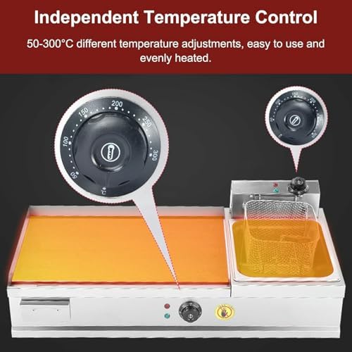 Commercial Electric Griddles Extra Large with Fryer, Countertop Griddle Stainless Steel Grill with Seasoning Rack, for Fried Pizza