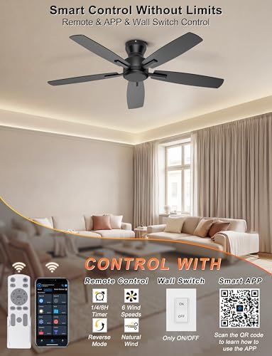 Ohniyou 52 Inch Ceiling Fan No Light, Low Profile Ceiling Fan with Remote and App Control, Flush Mount Ceiling Fan without Light for Bedroom Living Room Covered Patios, Quiet DC Motor, Black — view 3
