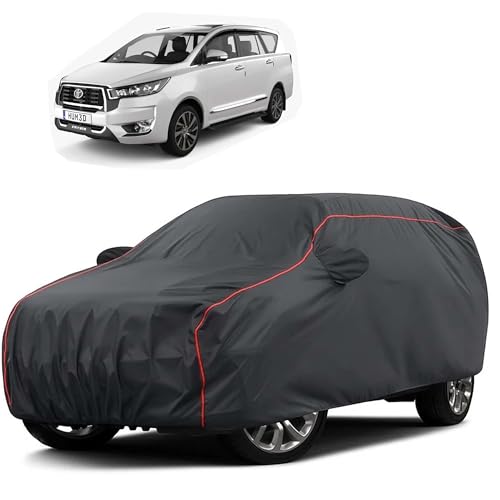 Image of Sulfar 100% Water Resistant Car Body Cover Compatible with Mirror for Toyota Innova Crysta (Triple Stitched, Full Bottom Elastic, Dark Grey Taffeta with Red Piping)