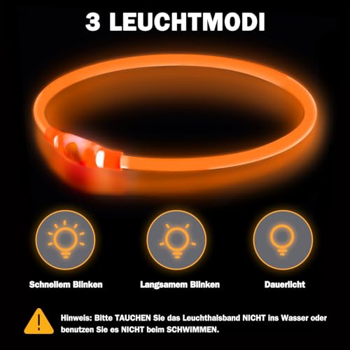 Nepfaivy Leuchthalsband Hund USB Aufladbar - Wasserdichtes Hundehalsband Leuchtend mit 3 Beleuchtungsmodi, Längenverstellbareres LED Halsband für Kleine, Mittlere und Große Hunde (Orange)