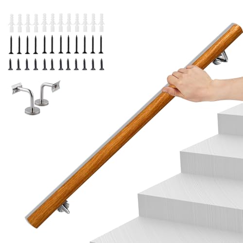 EUSAMFC Wooden Stair Handrail,4FT Round Safety Non-Slip Stair Railing, Wall Mount Handrail Pine Handrails Support Rod Complete Kit, for Bars Lofts Kindergarten Guardrail Corridor