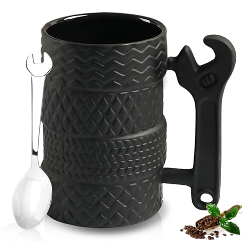 WIYETY Taza de neumático con cuchara de 500 ml: taza de neumático grande de cerámica, taza de cerámica creativa, taza 3D, tazas de café, taza de regalo para el hogar, oficina, coche, conductor
