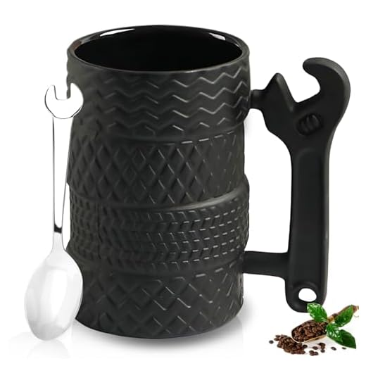 WIYETY Taza de neumático con cuchara de 500 ml: taza de neumático grande de cerámica, taza de cerámica creativa, taza 3D, tazas de café, taza de regalo para el hogar, oficina, coche, conductor