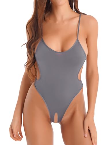inlzdz Damen Ouvert-Body Overall Offen Schritt Mesh Stringbody Catsuit High Cut Einteiliger Badeanzug Monokini Bodysuit Rückenfrei Erotik Dessous...