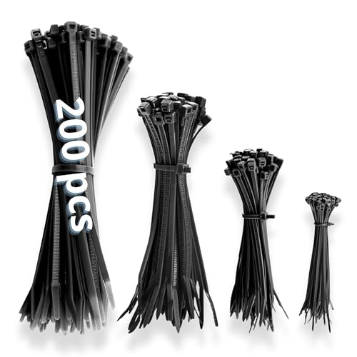 IDEA HOME Bridas de Plástico para Cables 200 Piezas - Abrazaderas de Plástico Negras 100/150/200/300mm - Juego de Bridas, Resistentes a los Rayos UV, Resistentes al Calor