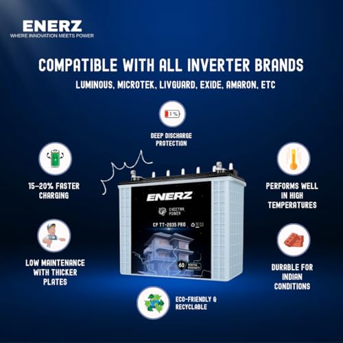 Image of ENERZ CP TT-2035 PRO 12V 200Ah Tall Tubular Inverter Battery 23+ Hour Backup, 5-Year Warranty, Reliable Power for Home & Office