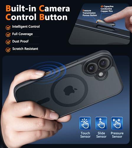 Image of FNTCASE for iPhone 16 Plus Phone Case: Magnetic Translucent Matte Shockproof Slim Cell Phone Cover - Military Grade Drop Proof Hard Back Anti-Fingerprint Protective Case - Black-T