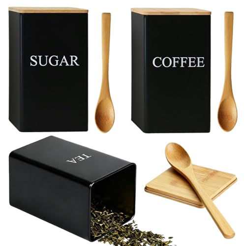 Image of Black Tea Coffee Sugar Canisters Set, Metal Canister Storage Jar Airtight Bamboo Lid and Bamboo Spoon, Kitchen Counter Storage Sets, 1000 ML 3 PCS