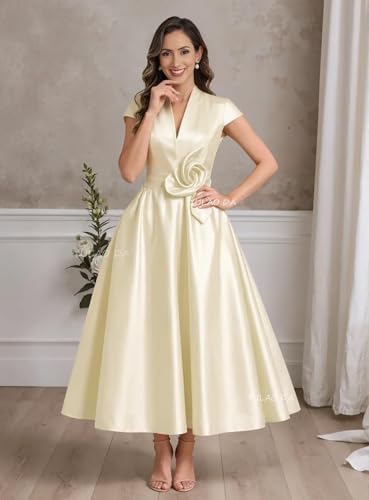 GDJDIFK Satin Tea Length Mother of Bride Dress - V Neck Flared 3D Floral Applique Formal Gown Elegant Wedding Guest​3