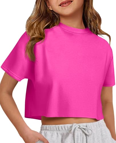 ZDC Girls Summer Crop Tops Kids 2025 Trendy Oversized T Shirts Short Sleeve Workout Tees 5-14 Years Rose Red