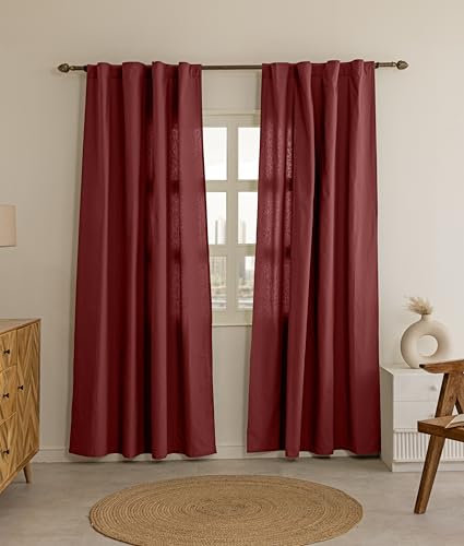 Image of THE LINEN COMPANY Solid Cotton Curtains 4 Feet for Window, Duck Canvas Short Curtains for Home, 4ft Set of 2, Maroon