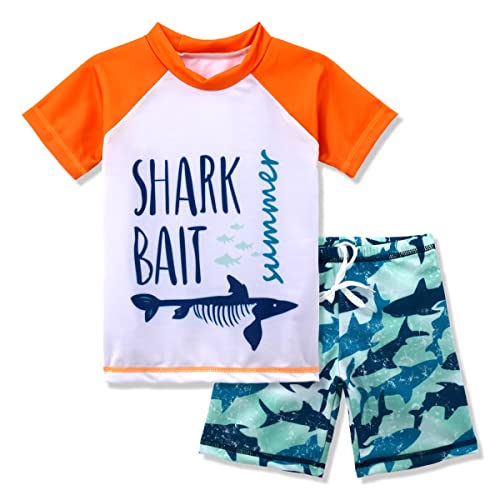 Image of Kids Short Sleeve Sunsuit Swimwear Boys Two Piece Rash-Guard-Sets Dinosaur Pattern