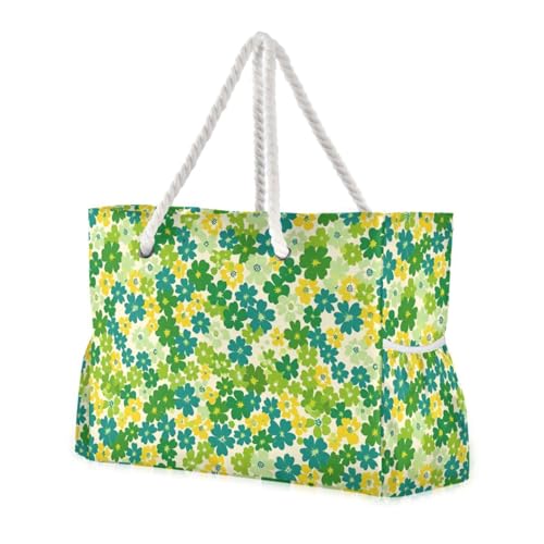 Small Flowers Green Yellow Portable Tote Bag With Pockets with side pocketes Large Bag for Pool Gym Grocery Travel