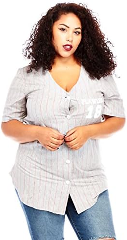Hyssop Womens Plus Big Sexy Pinstripes Stripe Pattern Baseball Jersey Tops (1x, Grey)