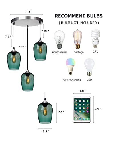 Ariamotion 3 Lights Chandelier Glass Cluster Pendant Lights Kitchen Island Modern Fir Green Teardrop Seeded Bubbles Ceiling Hanging Light Fixtures Dining Room Table Shade Lamp 7 "H 5" D #TOP3