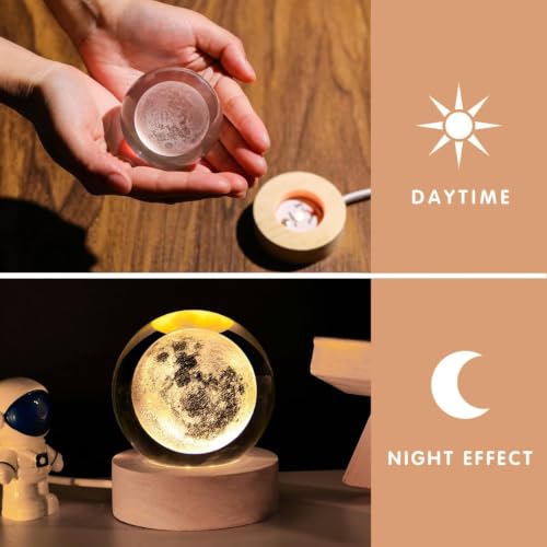 Image of 3D Moon Crystal Ball Night Lamp with Wooden Base, USB Warm White LED Lights