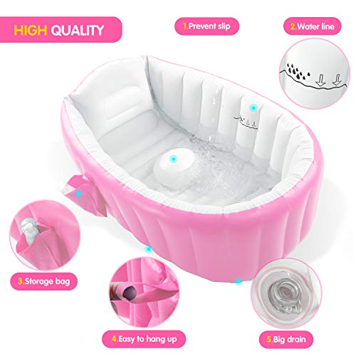 Inflatable Baby Bathtub With Air Pump, Portable Toddler Bathtub Baby Bath Tub Non Slip Travel Bathtub Mini Air Swimming Pool Kids Thick Foldable Shower Basin, Pink #TOP2