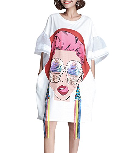 ellazhu Women Fashion Lotus Sleeve Print Casual Loose Summer T Shirt Dress GA1156 White