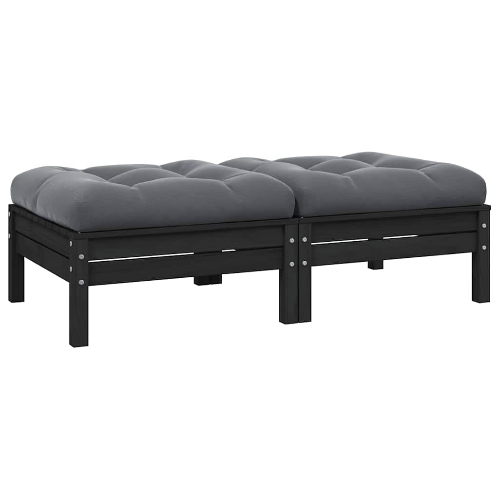 2-Seater Garden Sofa Set of 2 Black, Solid Pine Wood Outdoor Furniture with Weather Resistant Polyester Cushions, Modular Design for Patio Balcony Seating, Comfortable