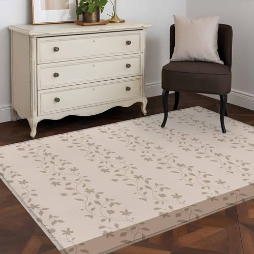 3x5 Machine Washable Small Bedside Rug, Beige Pink Floral Rugs