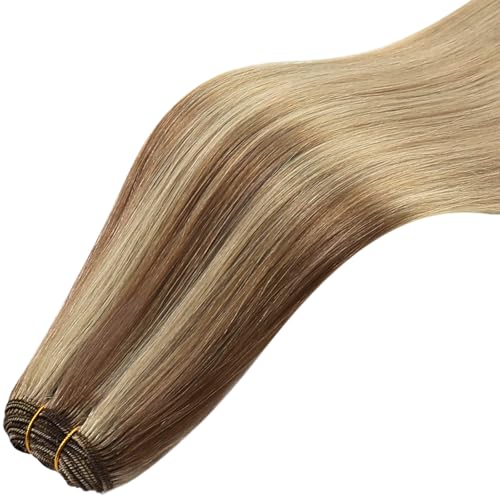 Image of Full Shine 24 Inch Invisible Weft Hair Extensions 105G Remy Human Hair | 10 /16 /16 Golden Brown Highlight Buttery Blonde, Invisible Weft, Party And Wedding, Long Styling, Women Looks