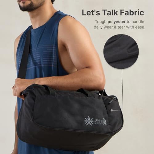 Image of Cult 25 Litre Gym /Duffle Bag for Men & Women - Water-Resistant Sports & Travel Bag with Spacious Main Compartment, Side Mesh Pocket, Durable Zippers & Adjustable Shoulder Strap - Black