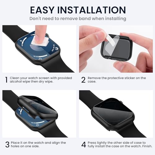 Tensea for Waterproof Apple Watch Screen Protector Case 44mm SE 3/SE 2nd Generation/SE/Series 6/5/4 Accessories, iWatch Protective PC Face Cover with Tempered Glass Film for Women Men, 44 mm
