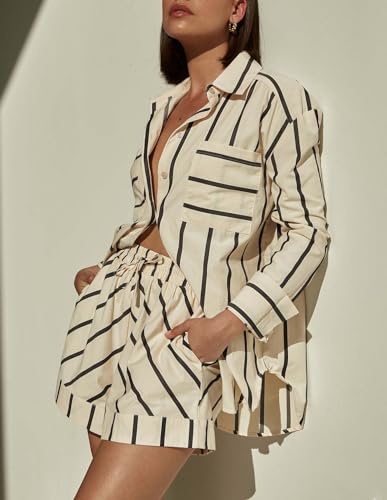 Women's Striped 2 Piece Outfits Casual Button Down Shirts and Shorts Drawstring Pajamas Lounge Matching Sets3