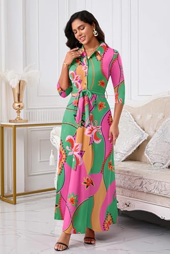 Image of Rumwind Maxi Dresses for Women, 3 /4 Sleeve Shirt Collar Casual Afircan Print Church Dress Button Down with Belt and Pockets