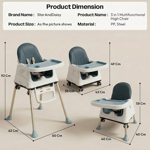 Image of StarAndDaisy High Chair for Baby /Baby Feeding Chair for 0 to 5 Years with 4 in-1 Multifunctions /High Chair with Height Adjustable,Wheels, Detachable Tray & 3-Point Safety Belt. (Blue)