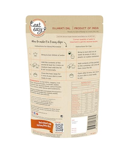 Image of Eat Easy Ready To Eat Gujarati Dal- 55gm (Pack of 2) | Freeze Dehydrated, No Moisture Instant Dal | Made with Tur Dal & Cow Ghee | No Preservatives, Lightweight, Just Add Water Food for Travel, Trekking, Campign, Hostel